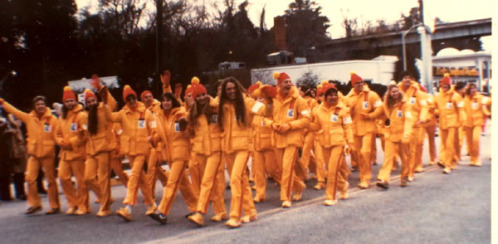 Andrea Harris, row one, second from right, with fellow Olympic Torchbearers, 1980 Winter Olympic Games, Lake Placid, New York