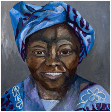 Wangari Maathai, oil and cold wax portrait by Chicago artist Andrea Harris